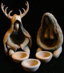 Goddess and Horned God figurine set with ritual pottery altar bowls